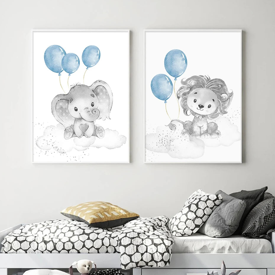 Cartoon Animals Lion Elephant Custom Baby's Name Poster Canvas Painting Nursery Wall Art Print Picture Kids Room Home Decor