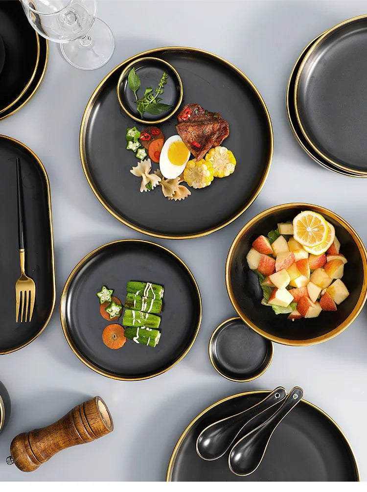 Black Porcelain Dinner Plates and Cutlery Set