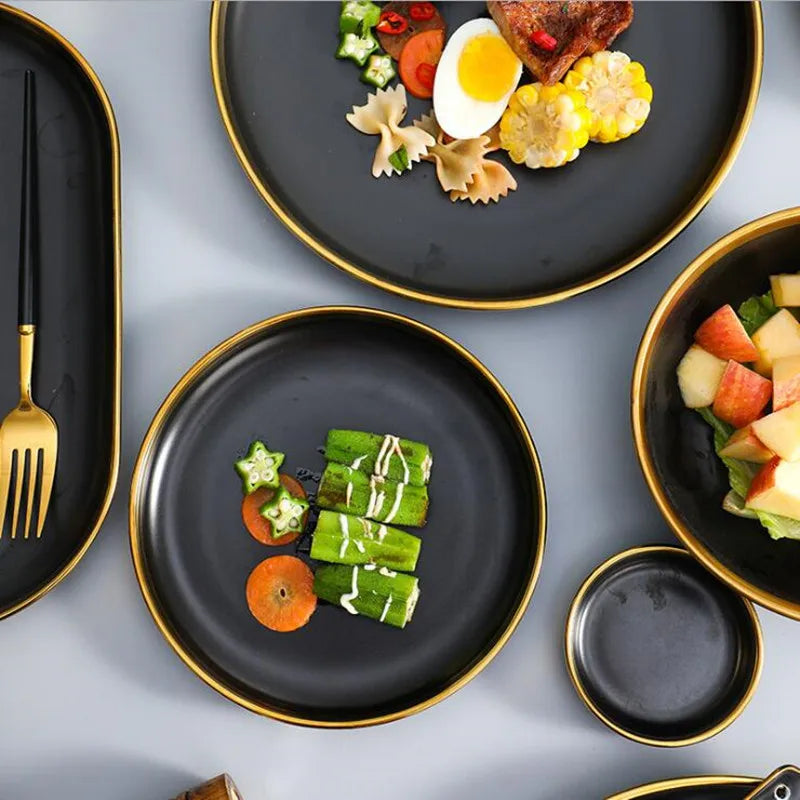 Black Porcelain Dinner Plates and Cutlery Set