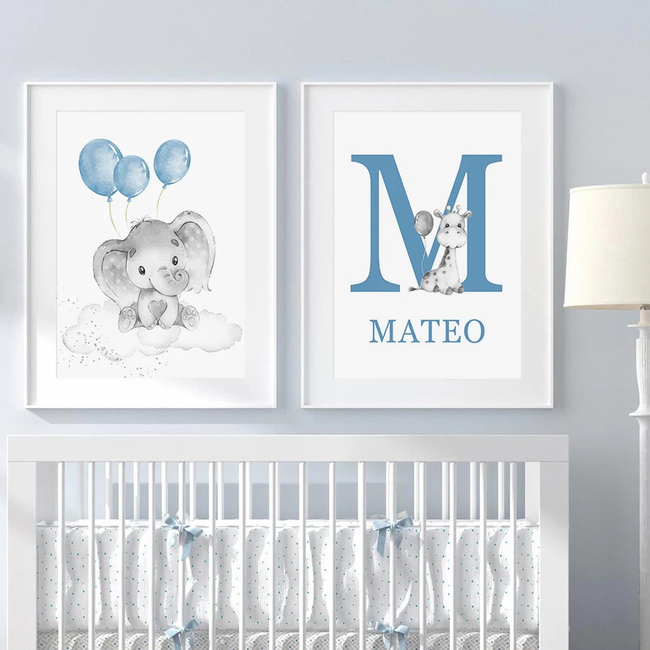 Cartoon Animals Lion Elephant Custom Baby's Name Poster Canvas Painting Nursery Wall Art Print Picture Kids Room Home Decor