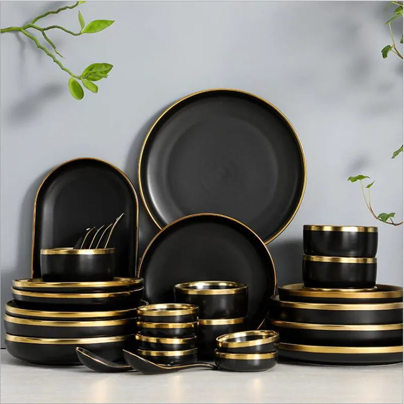 Black Porcelain Dinner Plates and Cutlery Set