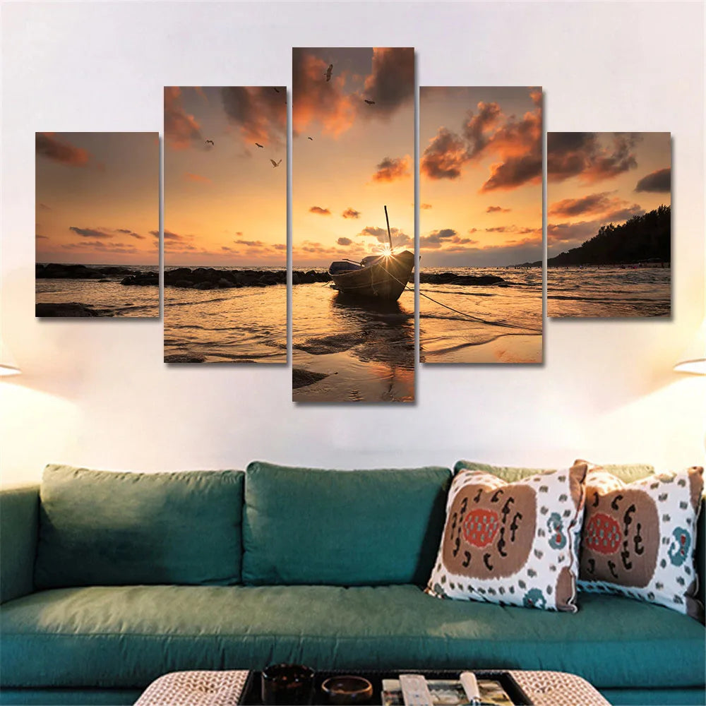 Wall Art Canvas Prints 5 Piece Seascape, Sunset Beach Boat Posters