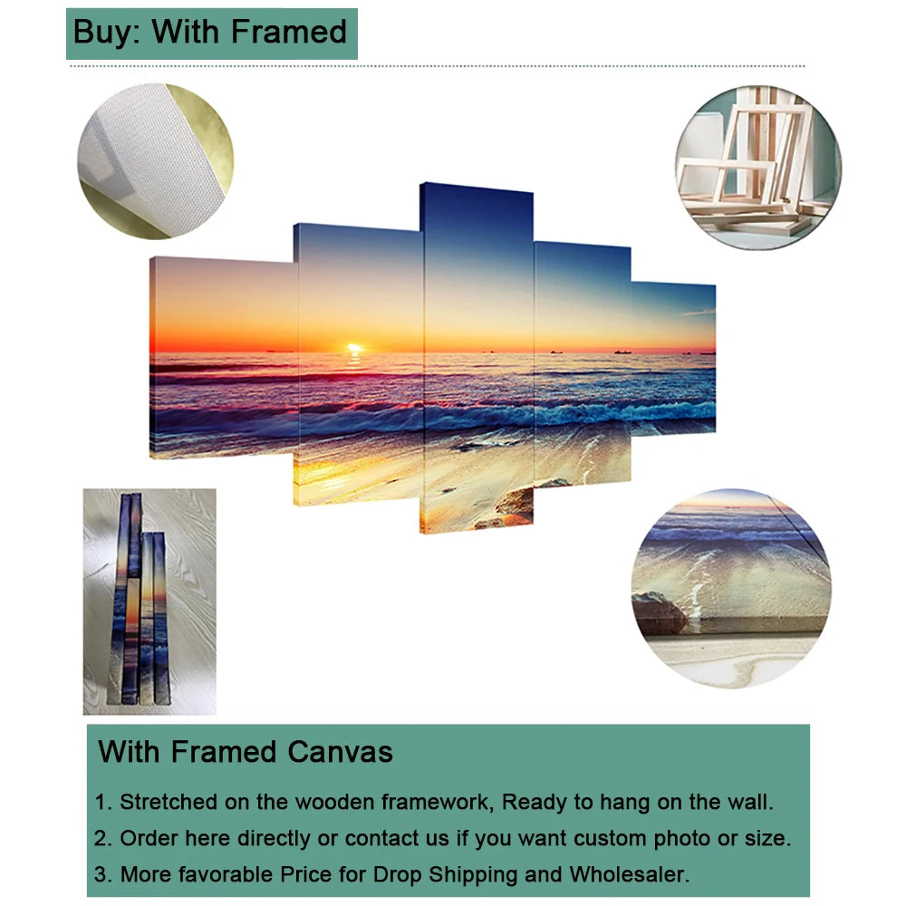 Wall Art Canvas Prints 5 Piece Seascape, Sunset Beach Boat Posters