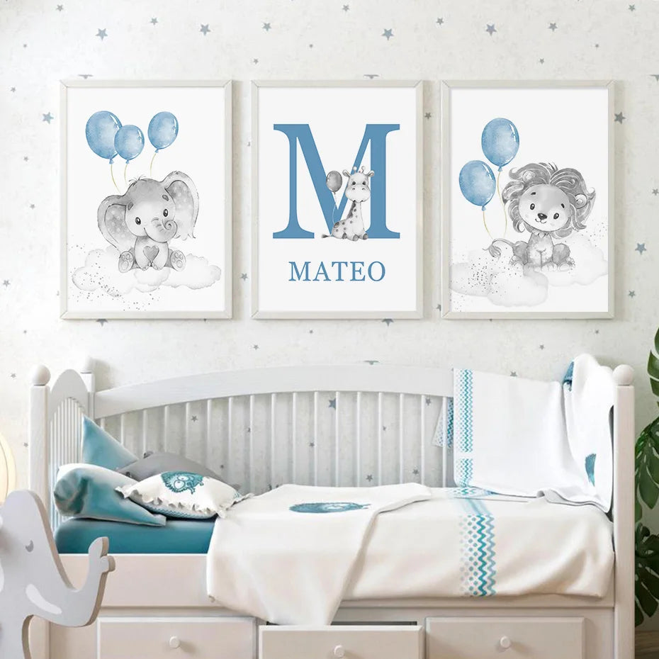 Cartoon Animals Lion Elephant Custom Baby's Name Poster Canvas Painting Nursery Wall Art Print Picture Kids Room Home Decor