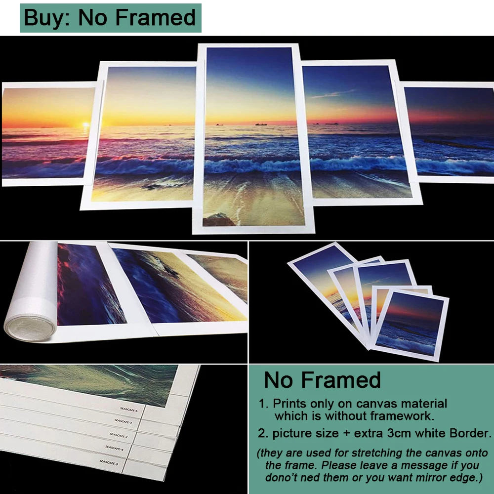 Wall Art Canvas Prints 5 Piece Seascape, Sunset Beach Boat Posters