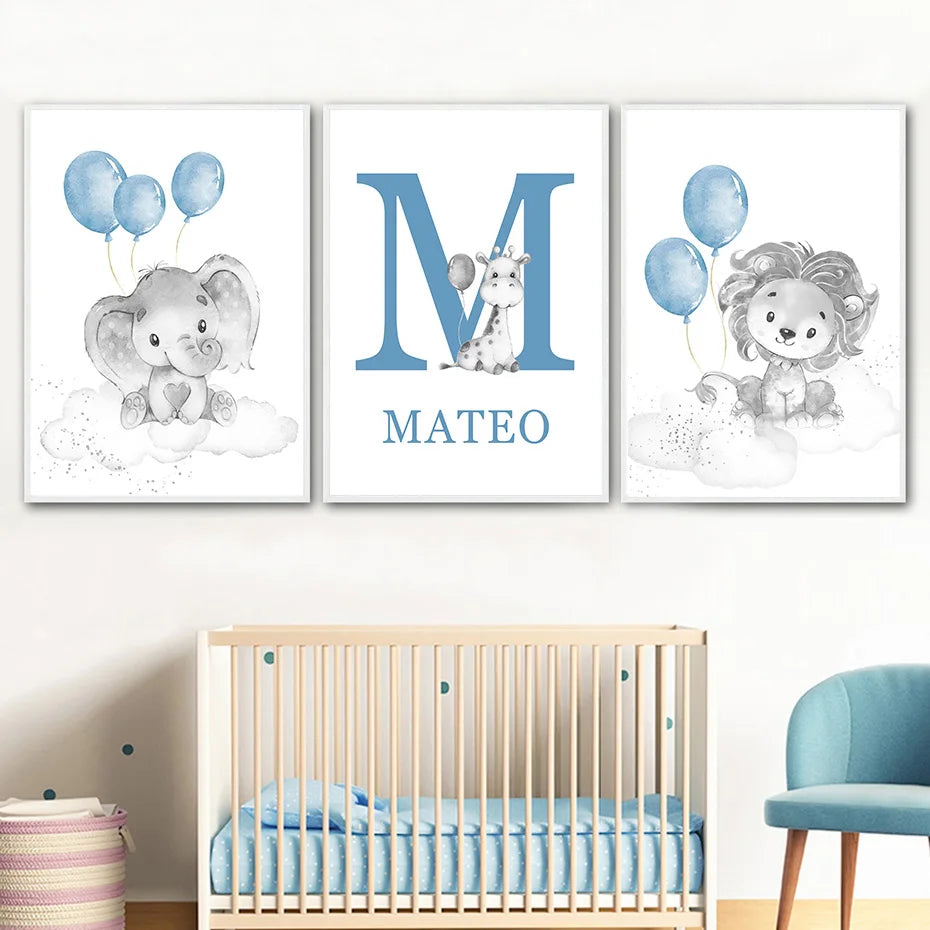 Cartoon Animals Lion Elephant Custom Baby's Name Poster Canvas Painting Nursery Wall Art Print Picture Kids Room Home Decor