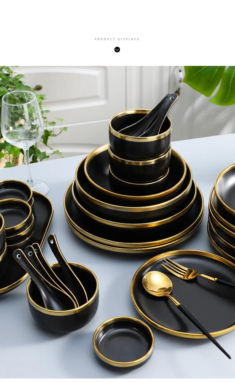 Black Porcelain Dinner Plates and Cutlery Set