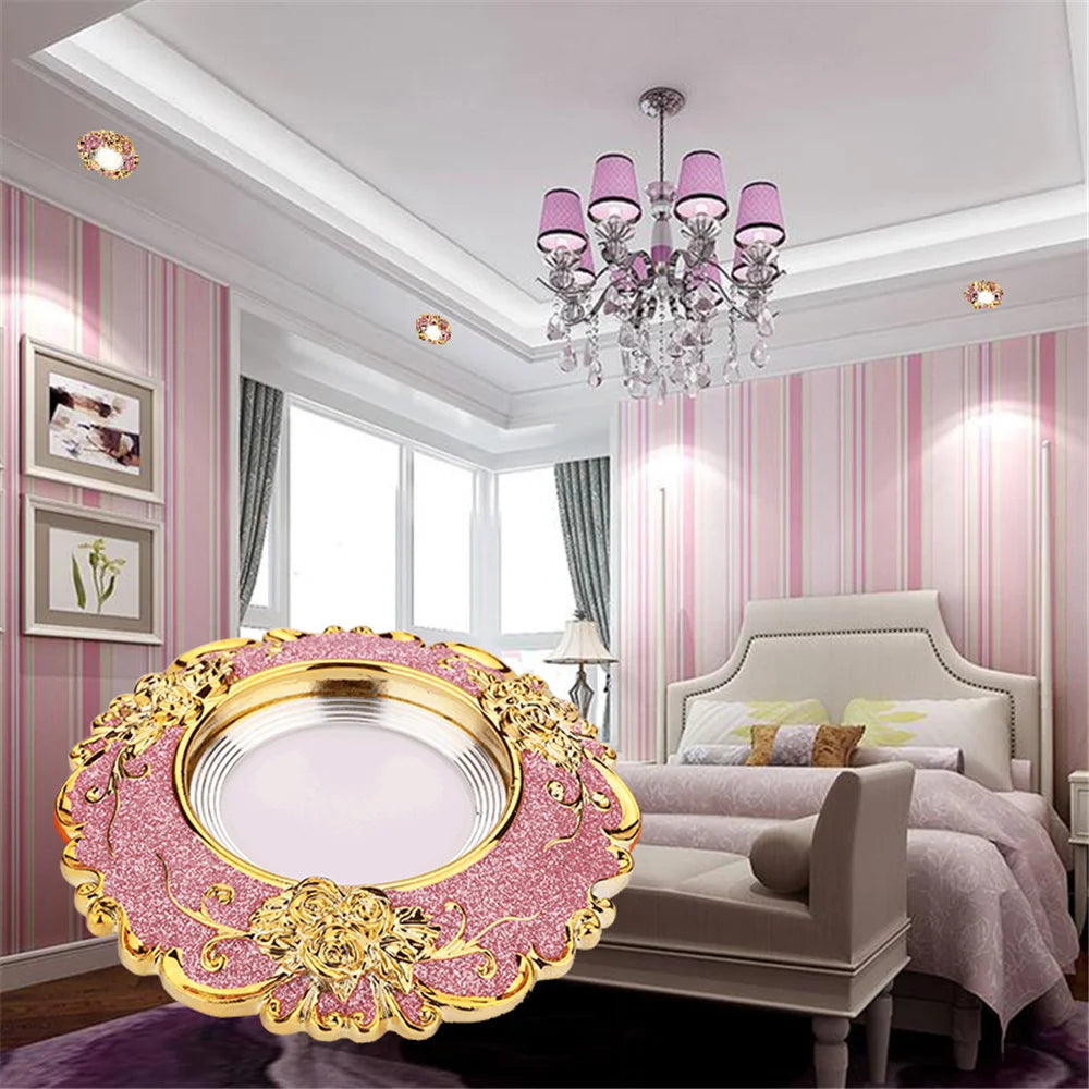 European Pink Resin Golden Lace Led Ceiling Lamp 5W 7W Indoor Home Decor Living Room Aisle Girls Recessed Spotlights 110V 220V