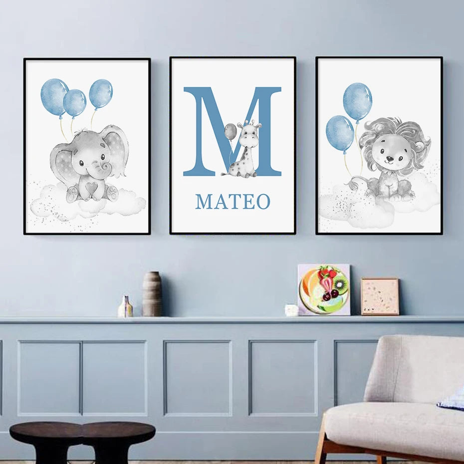 Cartoon Animals Lion Elephant Custom Baby's Name Poster Canvas Painting Nursery Wall Art Print Picture Kids Room Home Decor