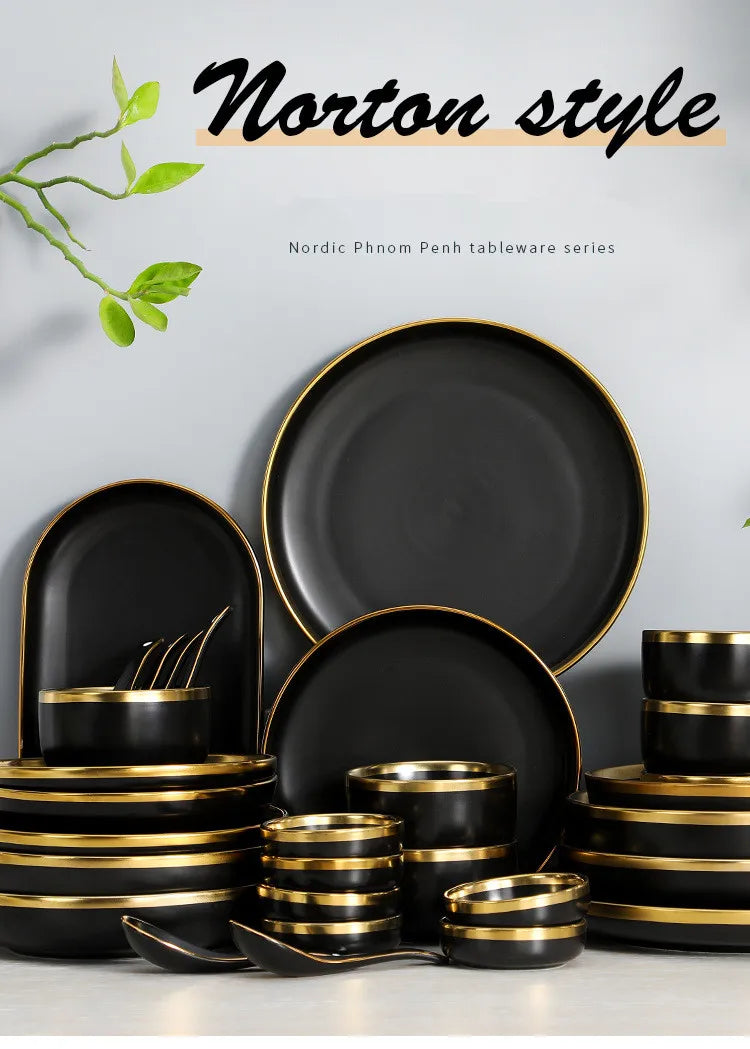 Black Porcelain Dinner Plates and Cutlery Set