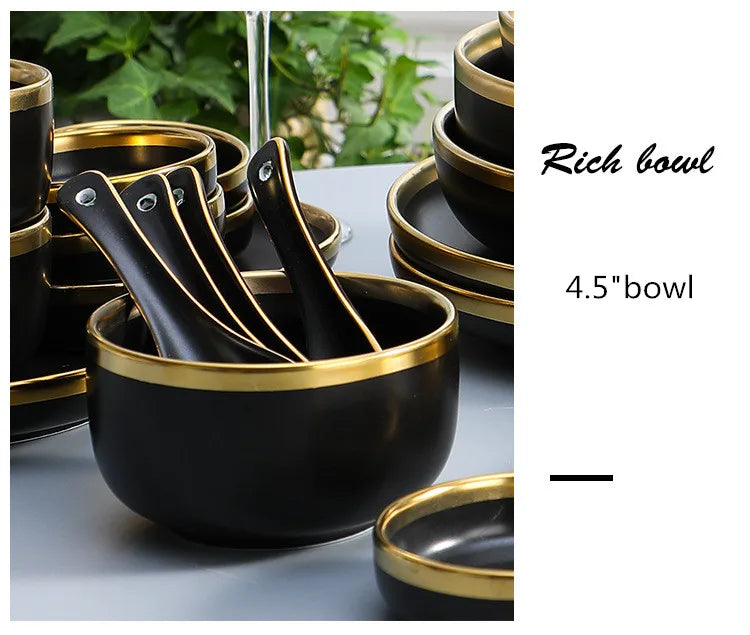 Black Porcelain Dinner Plates and Cutlery Set