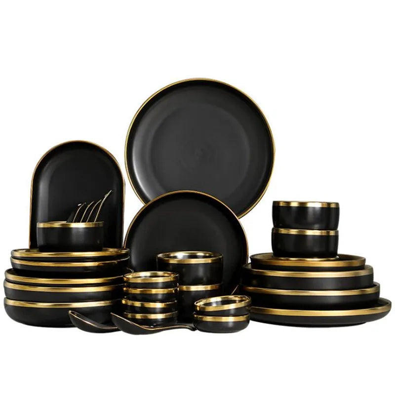 Black Porcelain Dinner Plates and Cutlery Set