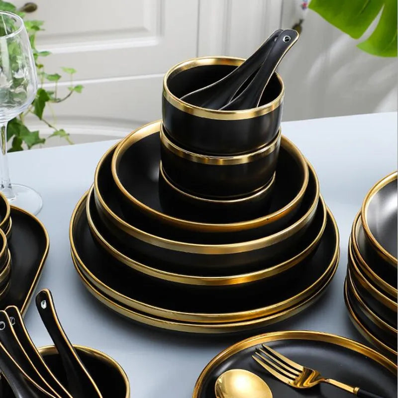 Black Porcelain Dinner Plates and Cutlery Set