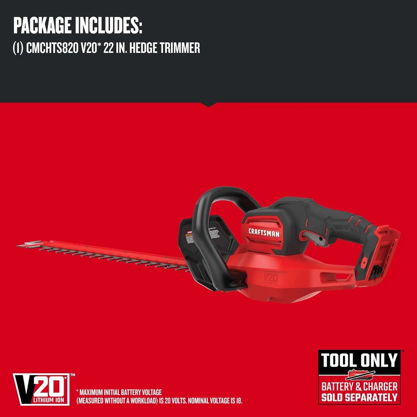 V20 Cordless Hedge Trimmer, 22 inch, Bare Tool Only (CMCHTS820B)