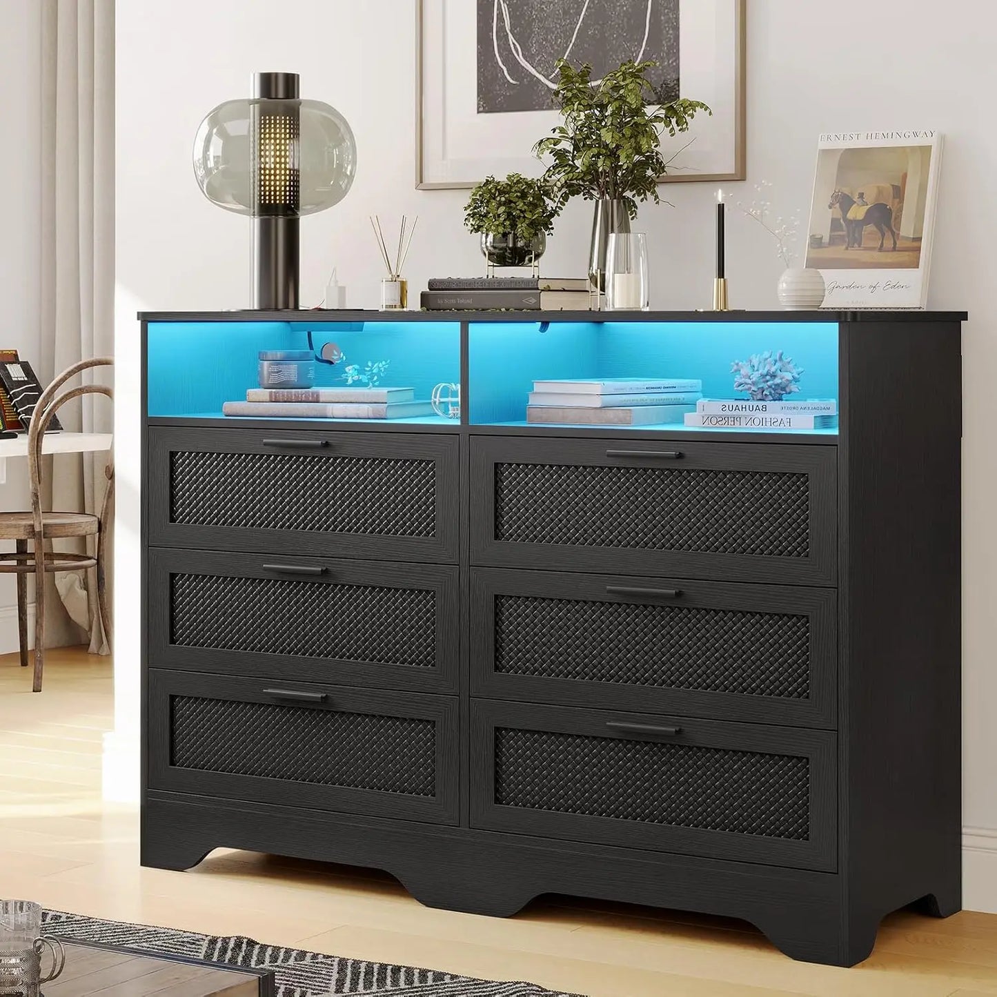 Black Dresser for Bedroom with Charging Station with LED Lights