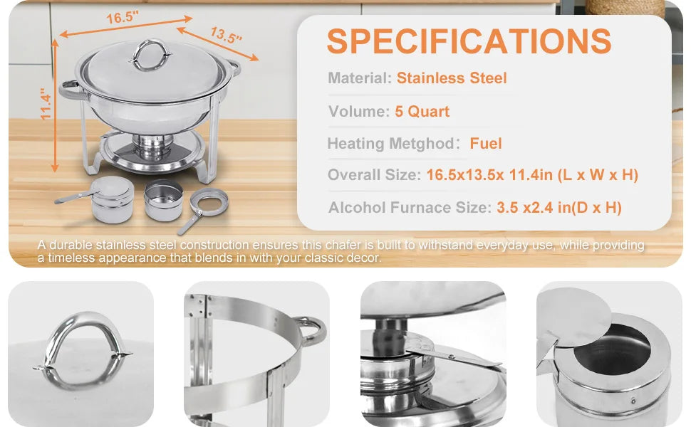 5 Qt Full Size Stainless Steel Chafing Dish Set of 8