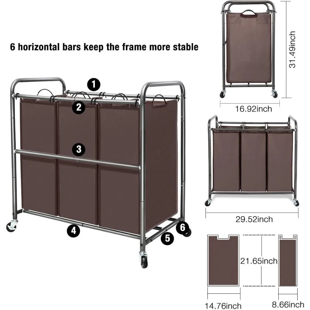 3 Section Laundry Sorter with Rolling Lockable Wheels