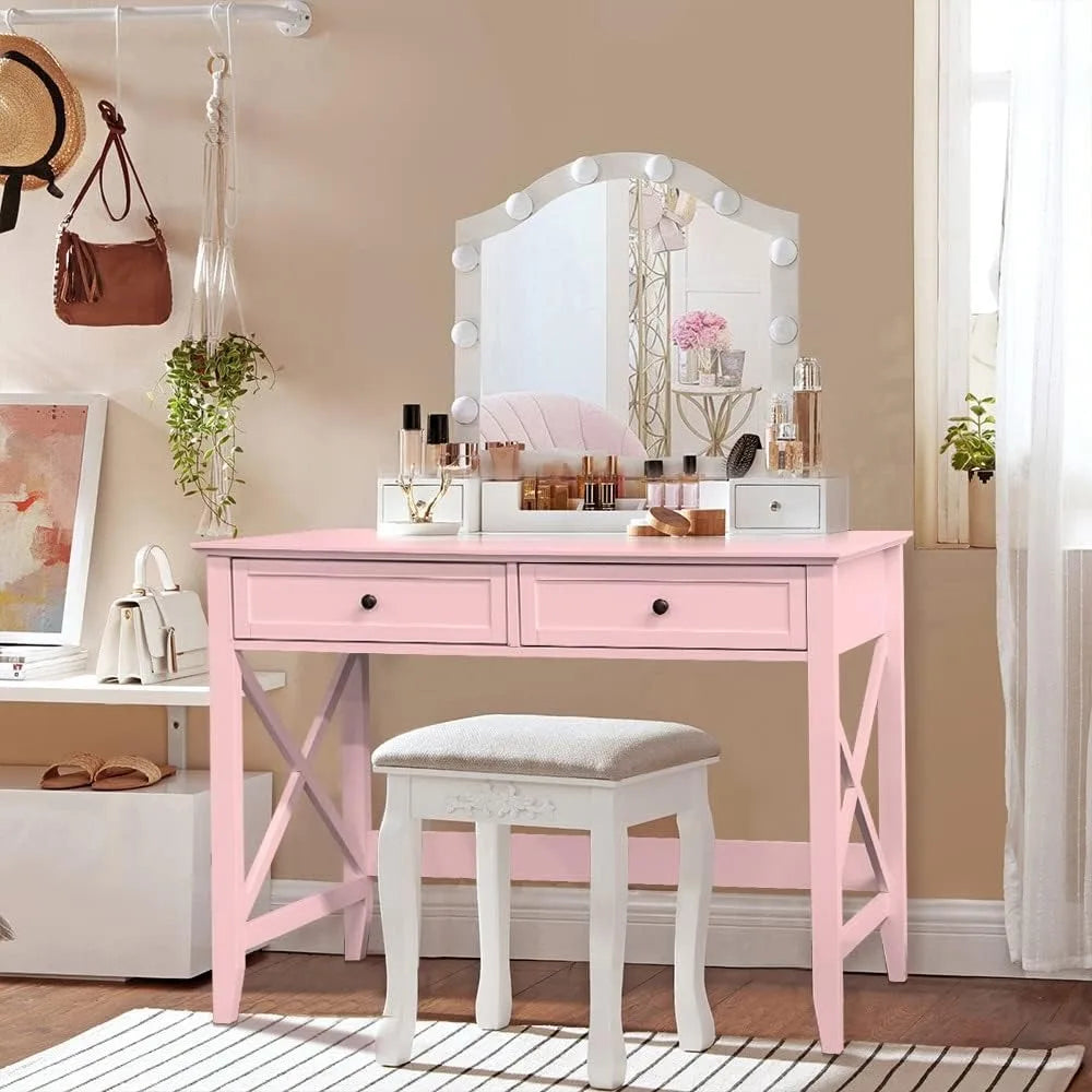 Writing Computer Desk with Drawers, Pink Vanity Table