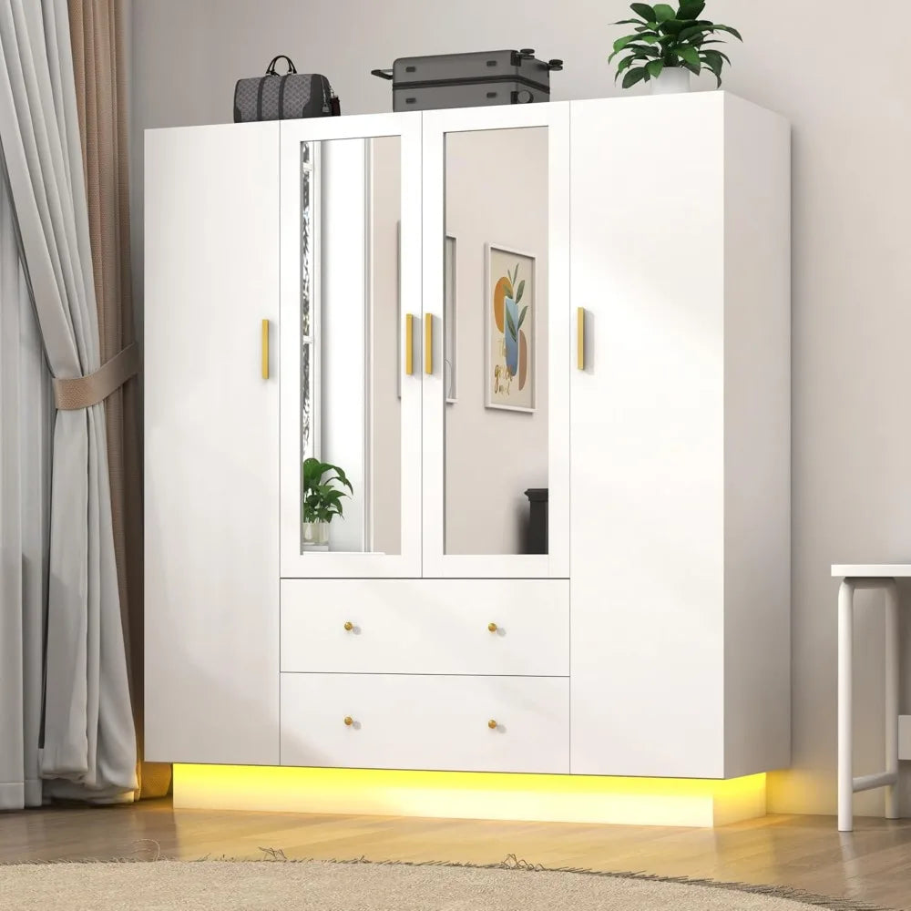 Modern Wooden Armoire Wardrobe Closet with Mirrors and LED LightsWardrobe