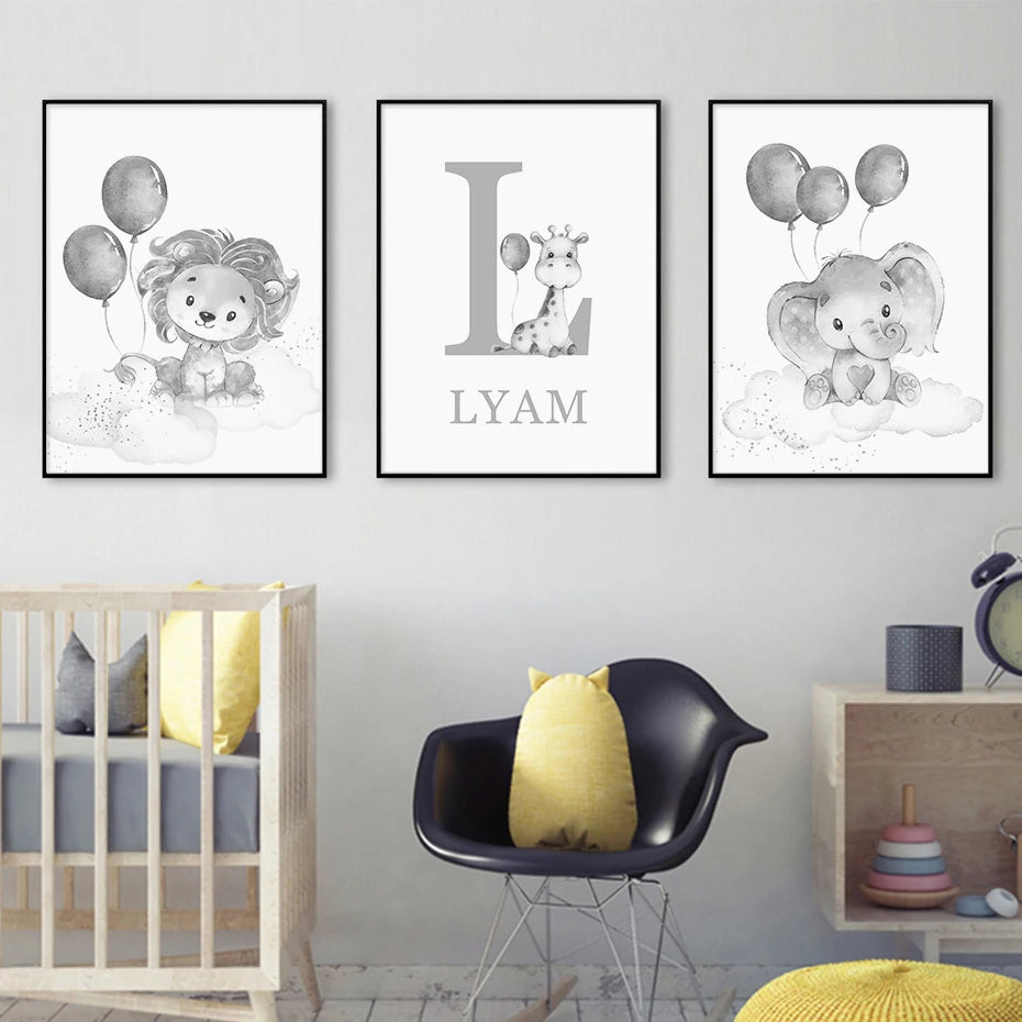 Cartoon Animals Lion Elephant Custom Baby's Name Poster Canvas Painting Nursery Wall Art Print Picture Kids Room Home Decor