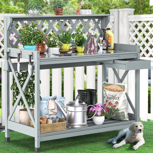 Garden Workstation Table with Drawer, Potting Bench Table