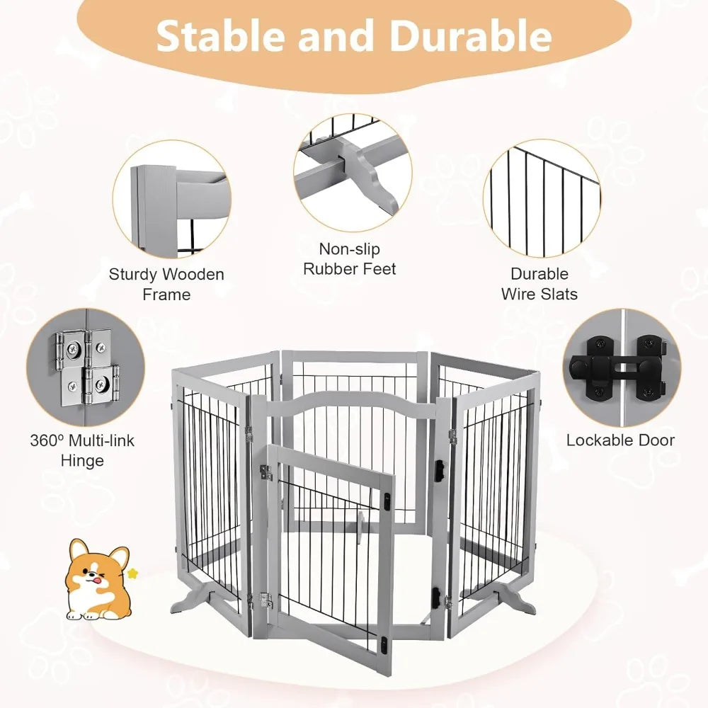 Freestanding Dog Gate  Extra Wide Wooden Indoor Pet Gate