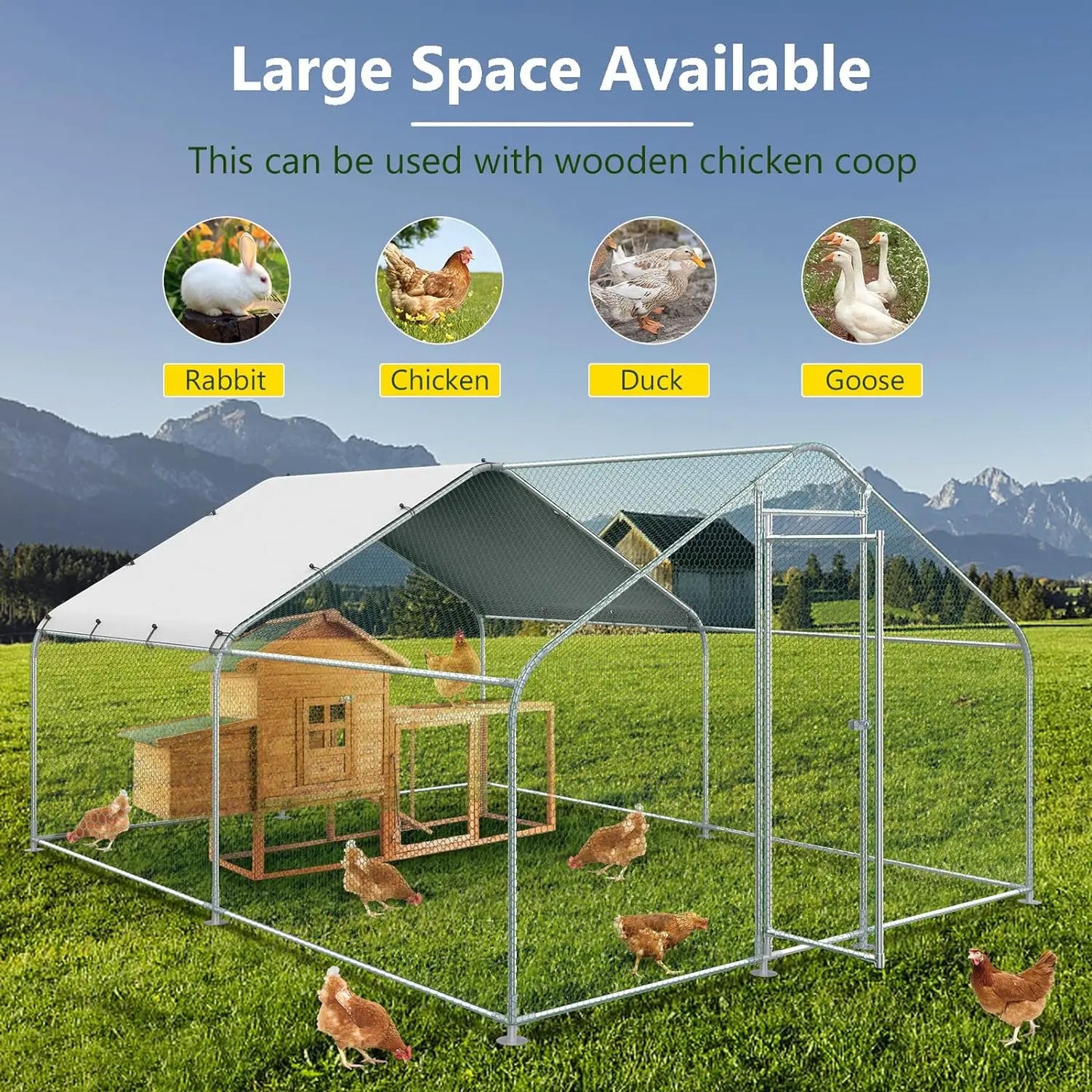 10x13FT Large Metal Chicken Run with Roof, Walk-in Poultry Cage Chicken Coop Runs House for Yard with Waterproof Cover