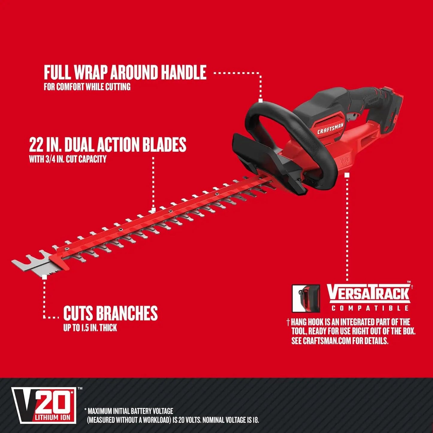 V20 Cordless Hedge Trimmer, 22 inch, Bare Tool Only (CMCHTS820B)