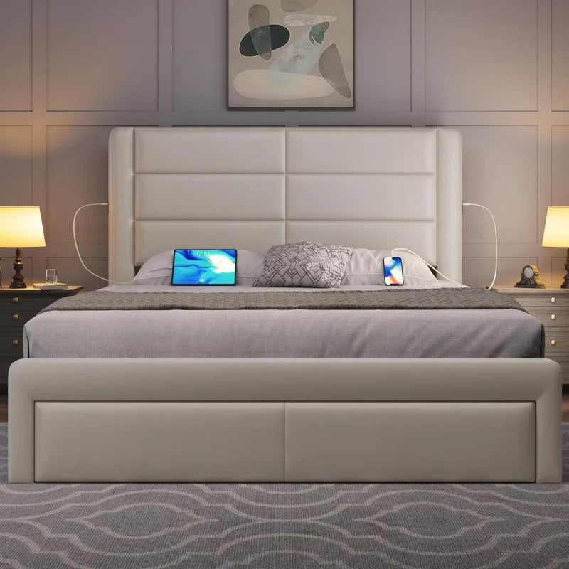 Queen Size Bed Frame With 2 USB Charging Station/Port