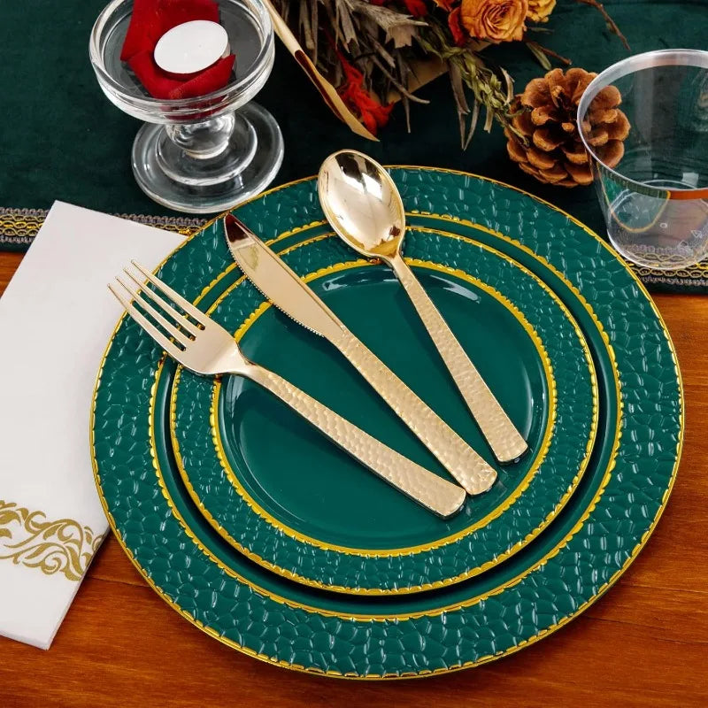 175PCS Plastic Plates with Gold Rim&Christmas Plates&Gold Plastic Silverware - Ideal for Wedding,Christmas Party