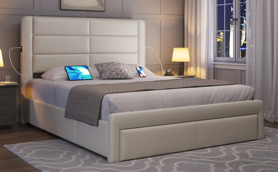 Queen Size Bed Frame With 2 USB Charging Station/Port