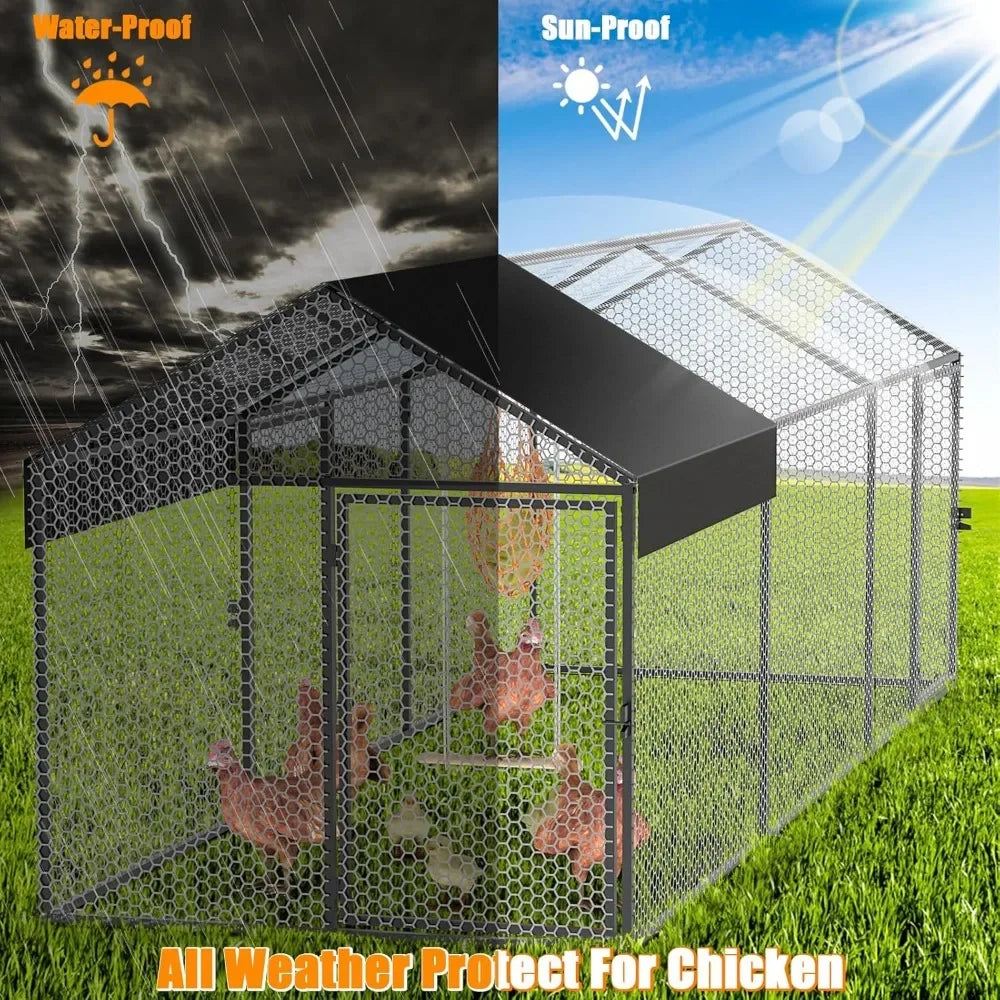 Large Metal Chicken Coop 120"×40"×40" Heavy Duty Chicken Run Hen House with Waterproof Anti-UV Cover for Outdoor Chicken Pens