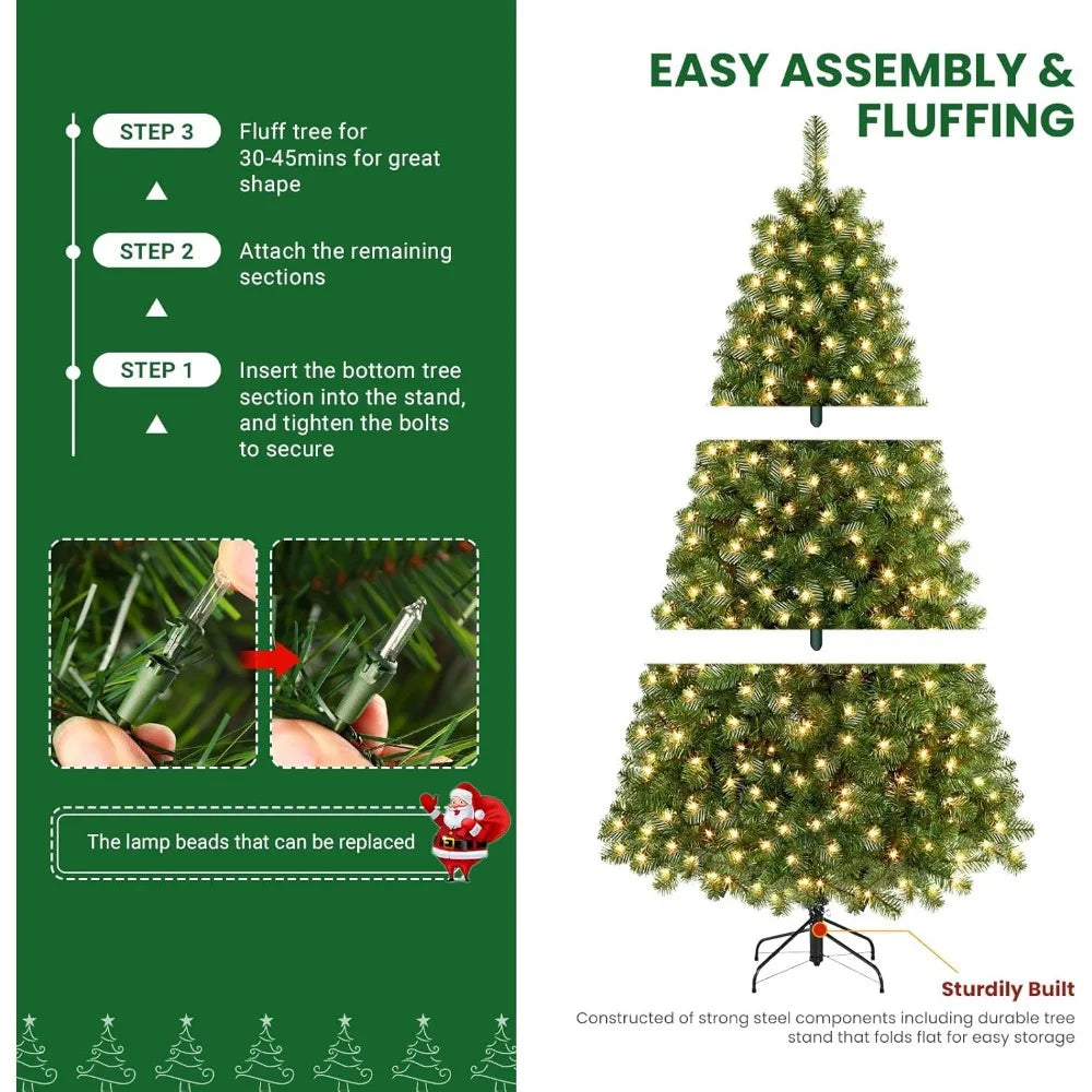 7.5ft Prelit Premium Artificial Hinged Christmas Tree with Pre-lit Lights and Foldable Stand