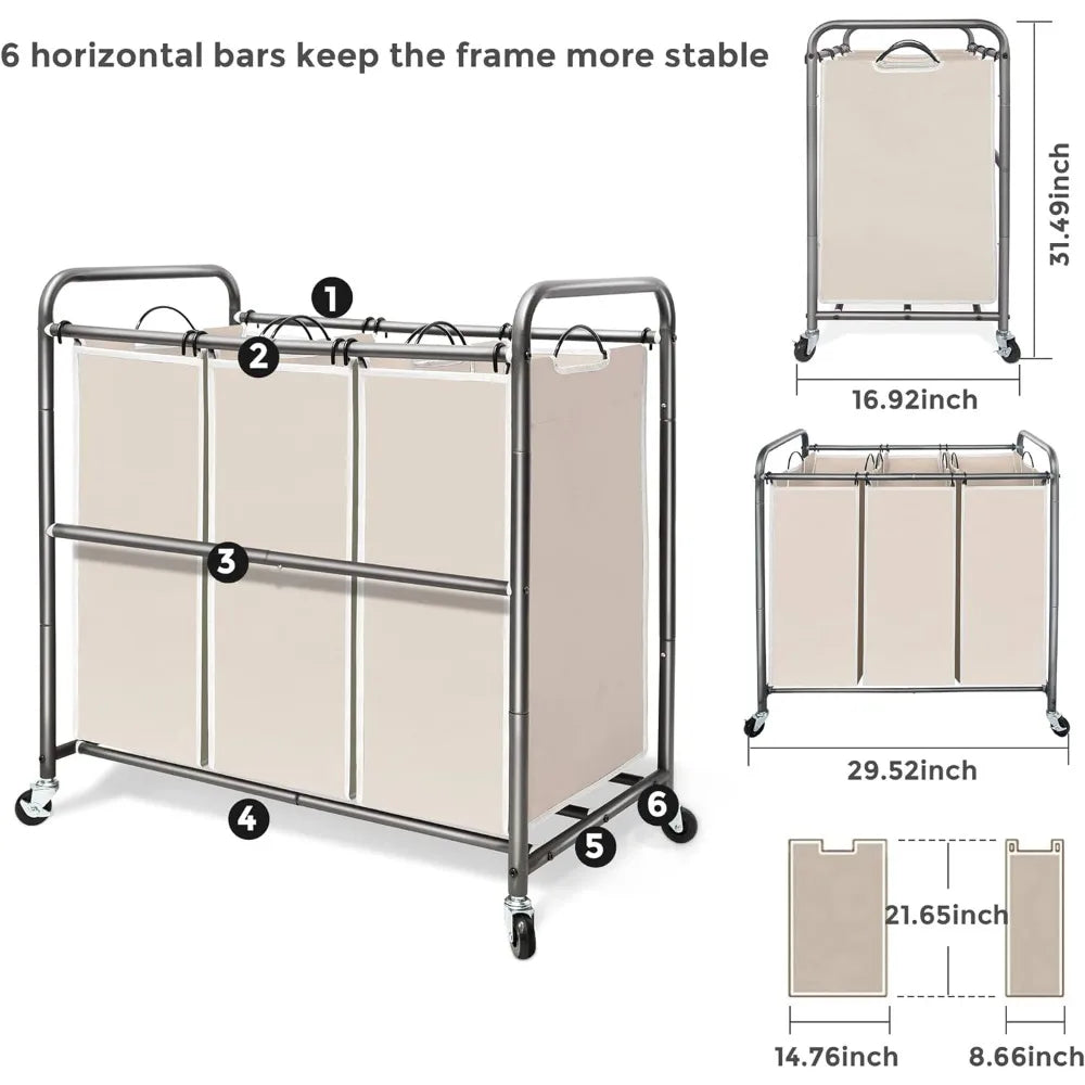 3 Section Laundry Sorter with Rolling Lockable Wheels