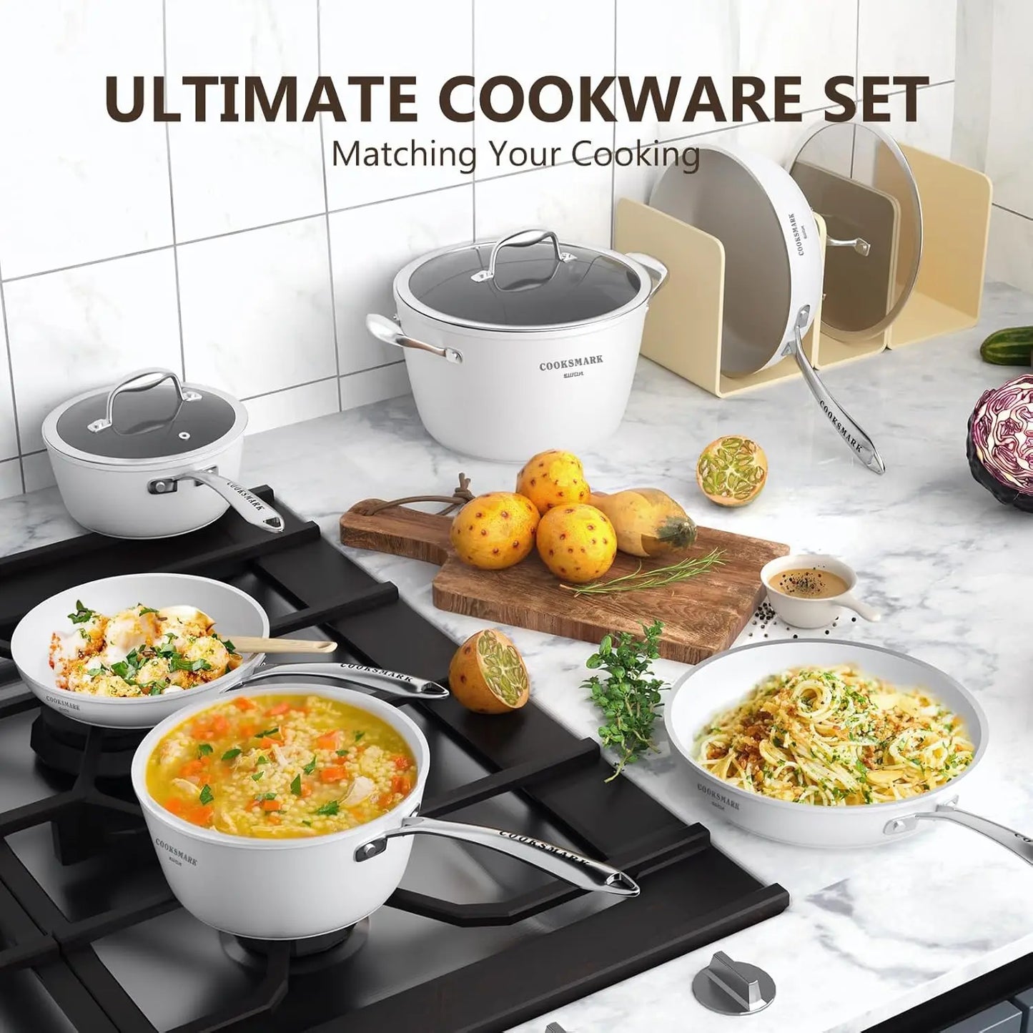 Nonstick Ceramic Cookware Set with Glass Lids & Stainless Steel Handles