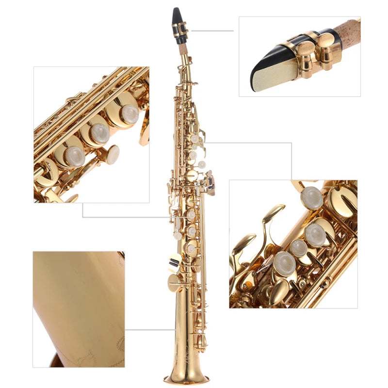 Brass Straight Soprano Sax Saxophone with Carrying Case Gloves