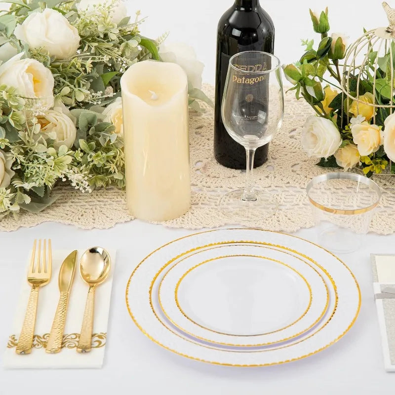 175PCS Plastic Plates with Gold Rim&Christmas Plates&Gold Plastic Silverware - Ideal for Wedding,Christmas Party