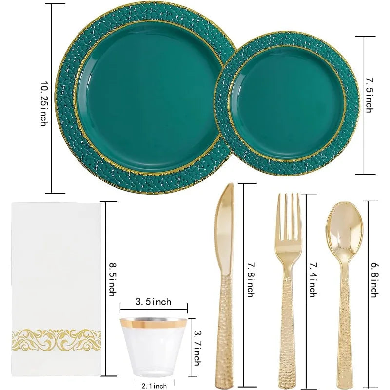 175PCS Plastic Plates with Gold Rim&Christmas Plates&Gold Plastic Silverware - Ideal for Wedding,Christmas Party