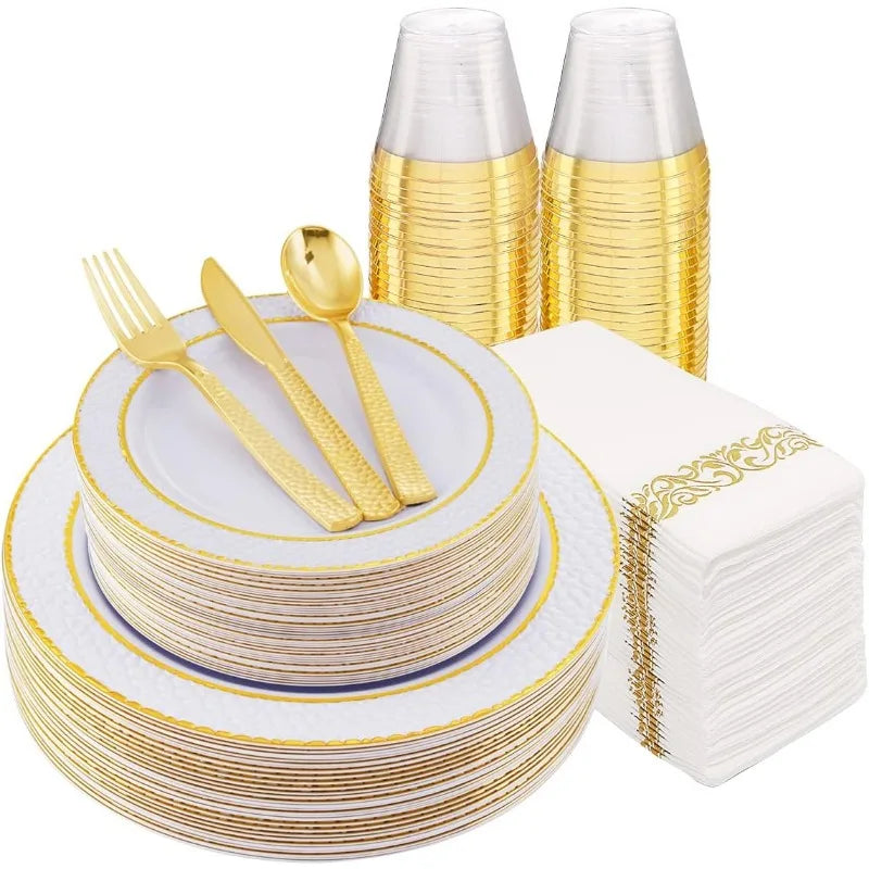 175PCS Plastic Plates with Gold Rim&Christmas Plates&Gold Plastic Silverware - Ideal for Wedding,Christmas Party