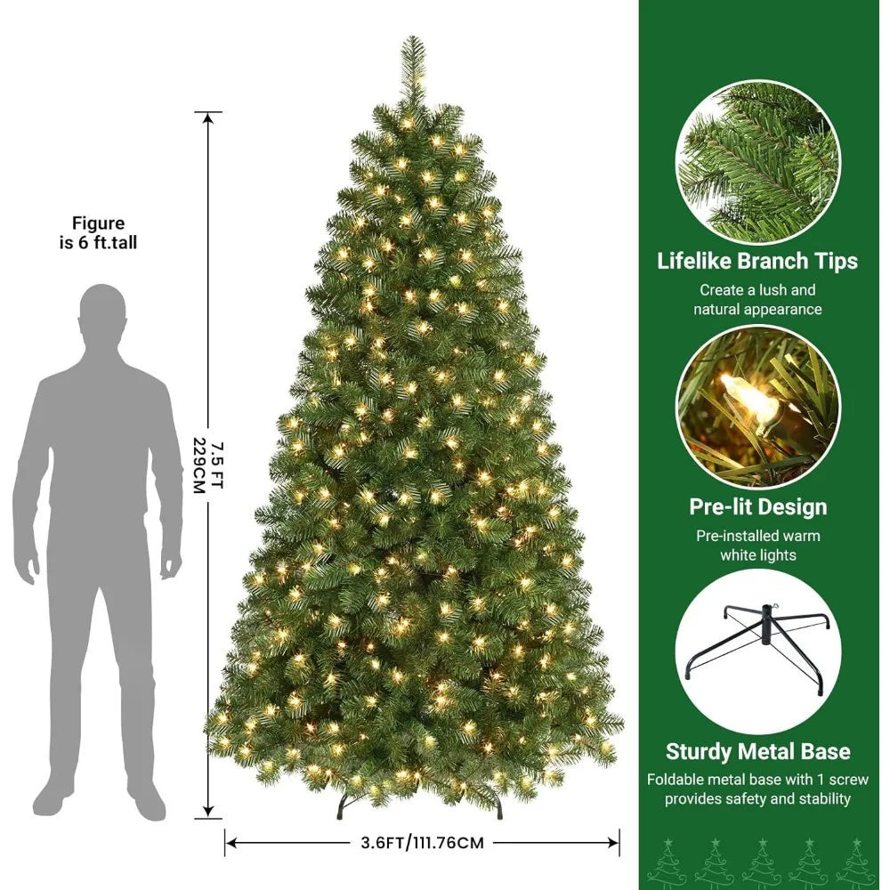 7.5ft Prelit Premium Artificial Hinged Christmas Tree with Pre-lit Lights and Foldable Stand