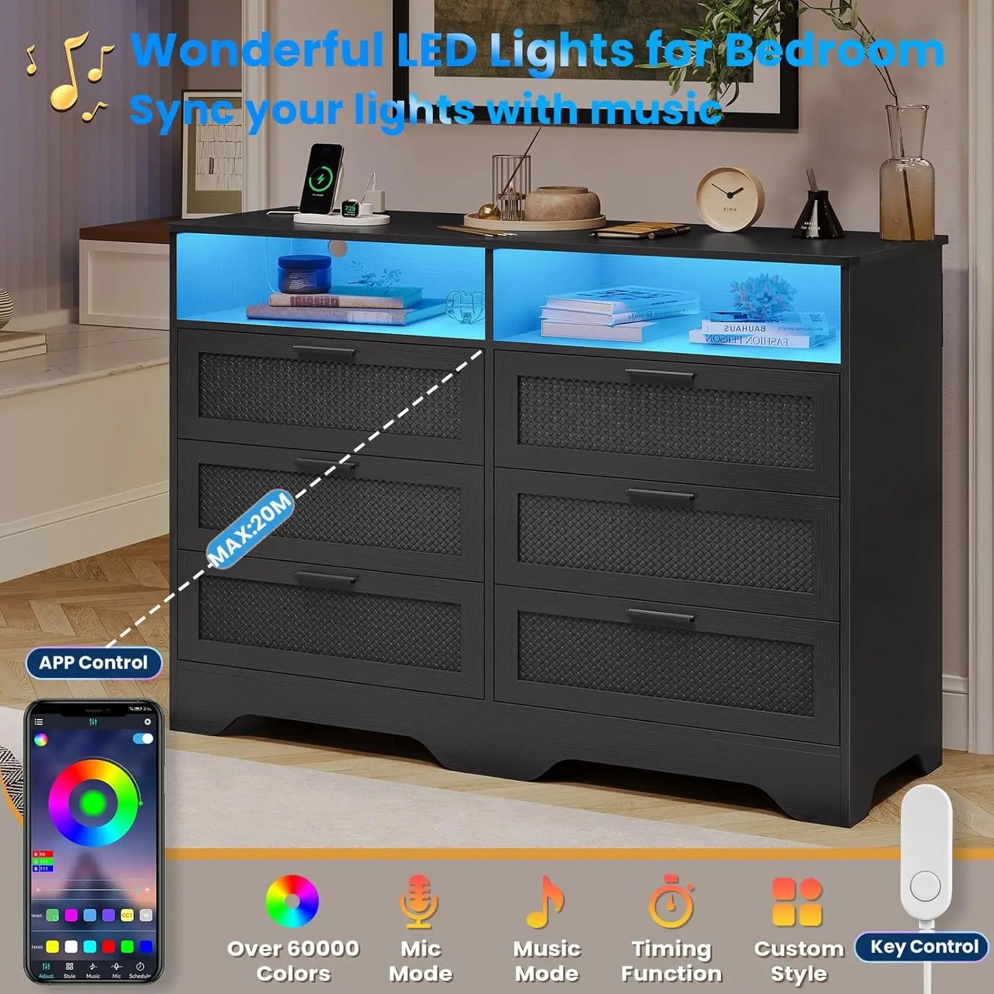 Black Dresser for Bedroom with Charging Station with LED Lights