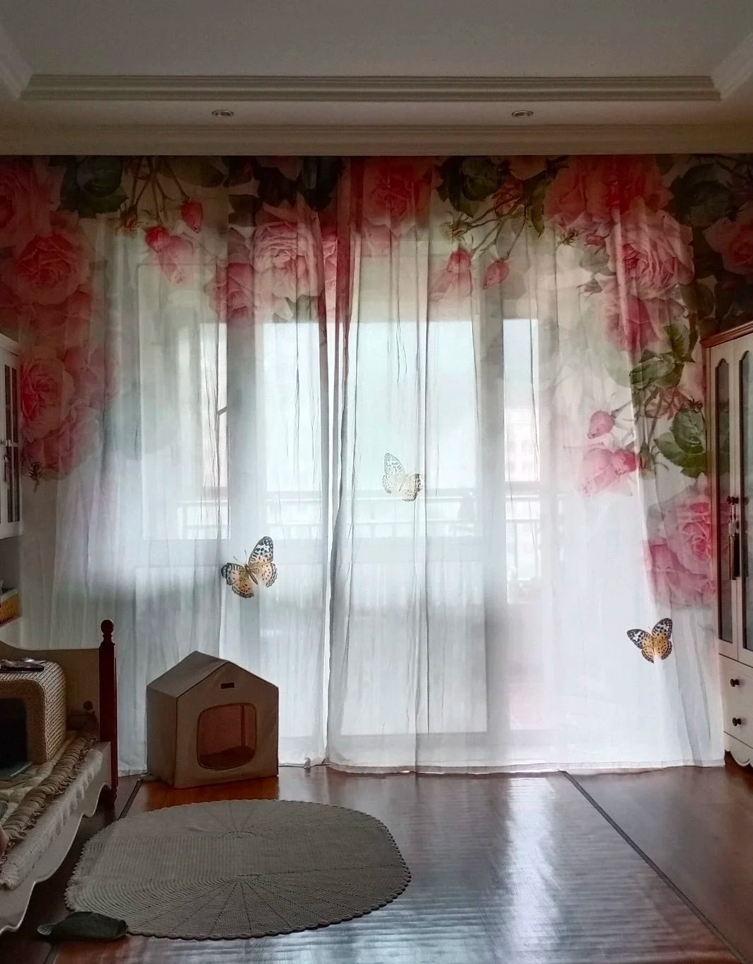 Pink Flower Curtain Green Plant Pastoral Decor Sheer Screen Curtain Floor-to-Ceiling