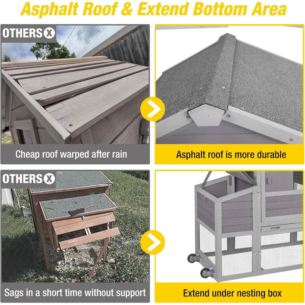 Chicken Coop Expandable Mobile Chicken House for Outdoor with Wheels, Leakproof Pull-on Tray and UV-Resistant Roof Panel