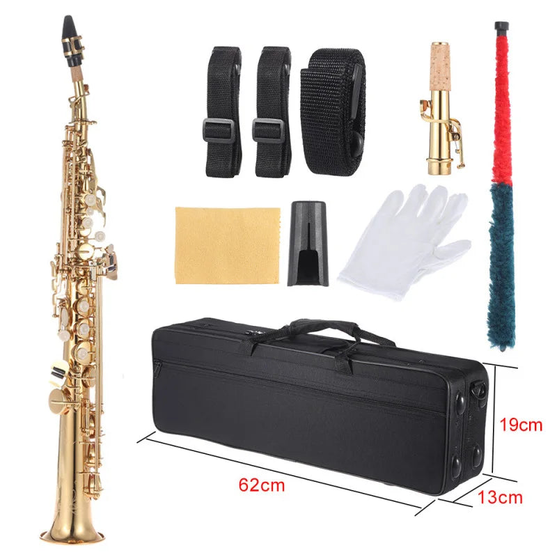 Brass Straight Soprano Sax Saxophone with Carrying Case Gloves