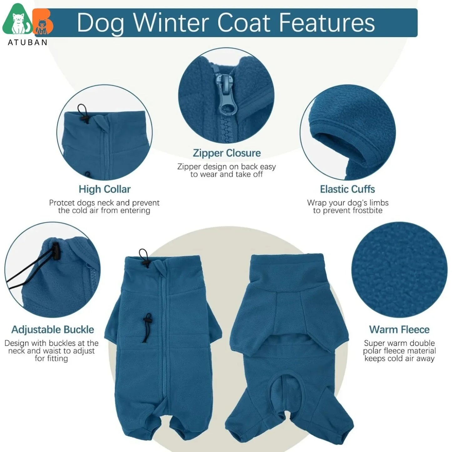 ATUBAN Dog Winter Coat Soft Fleece Pullover Pajamas, Pet Windproof Warm Cold Weather Jacket Vest Cozy Jumpsuit Apparel Clothes