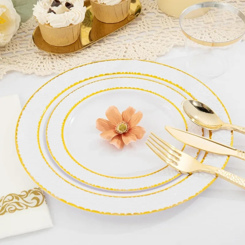 175PCS Plastic Plates with Gold Rim&Christmas Plates&Gold Plastic Silverware - Ideal for Wedding,Christmas Party