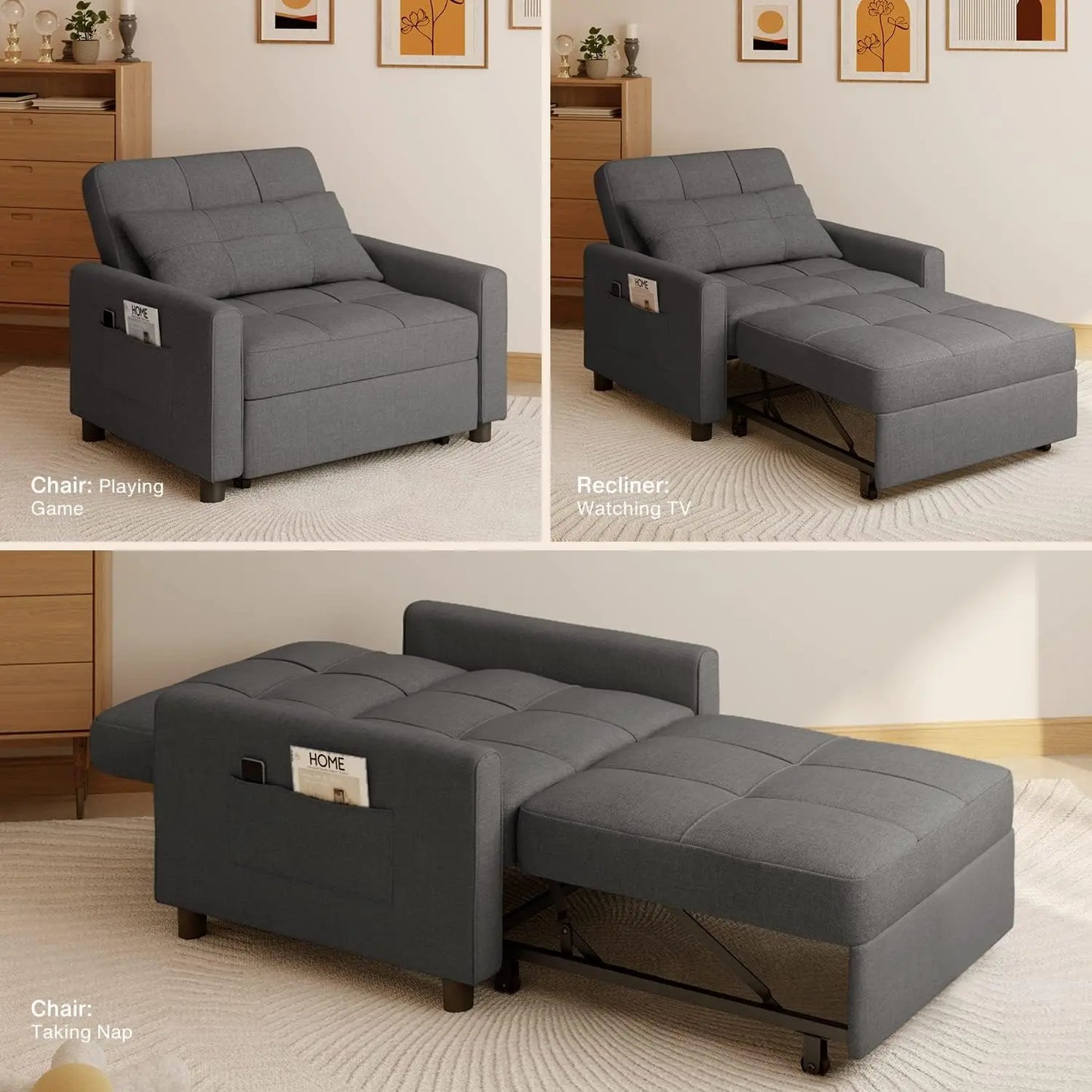 Convertible Futon 3-in-1 Multi-Functional Sleeper Chair Bed