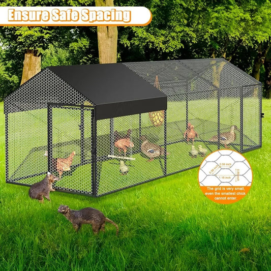 Large Metal Chicken Coop 120"×40"×40" Heavy Duty Chicken Run Hen House with Waterproof Anti-UV Cover for Outdoor Chicken Pens