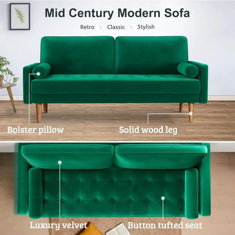 Green Velvet Couch with Tufted Seat Mid Century