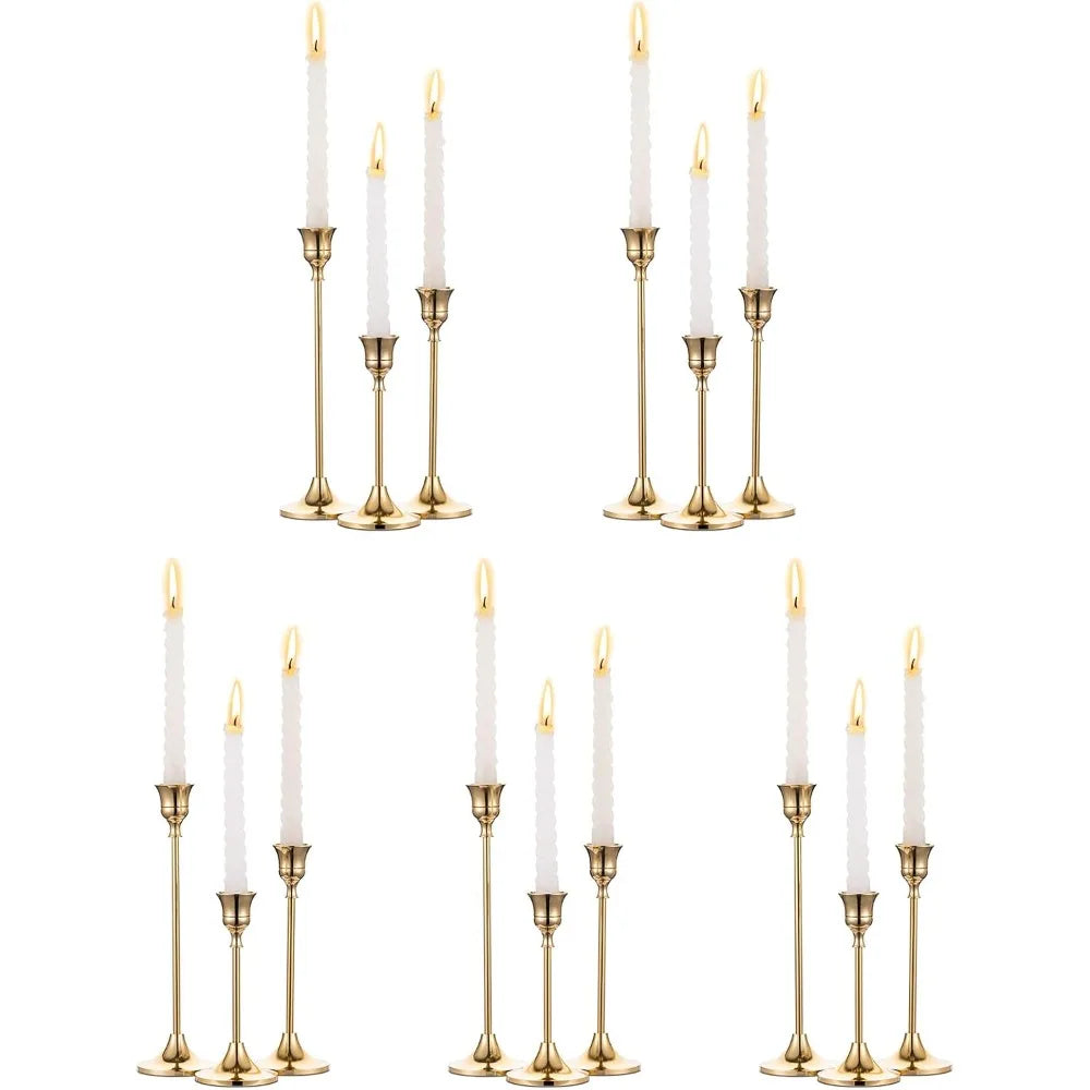 5 Sets(15 Pcs) Brass Gold Metal Taper Candlestick Holders